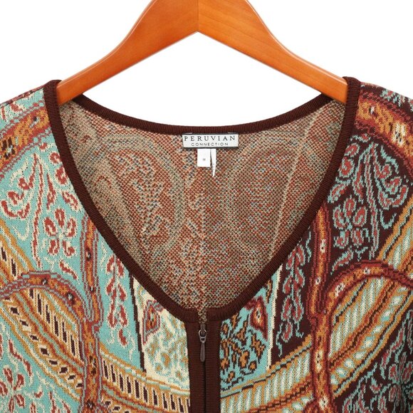 Peruvian Connection Zip Front Paisley Longline Pima Cotton Cardigan Sweater M - Picture 4 of 6